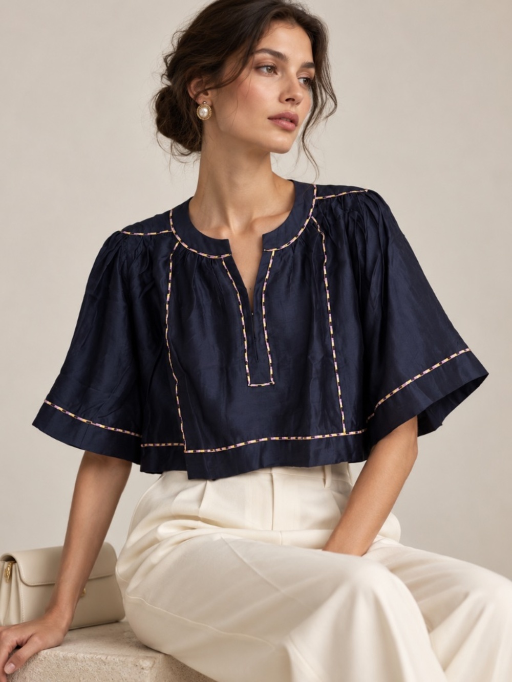 Heyson NWT Navy Tencel Contrast Trim Blouse